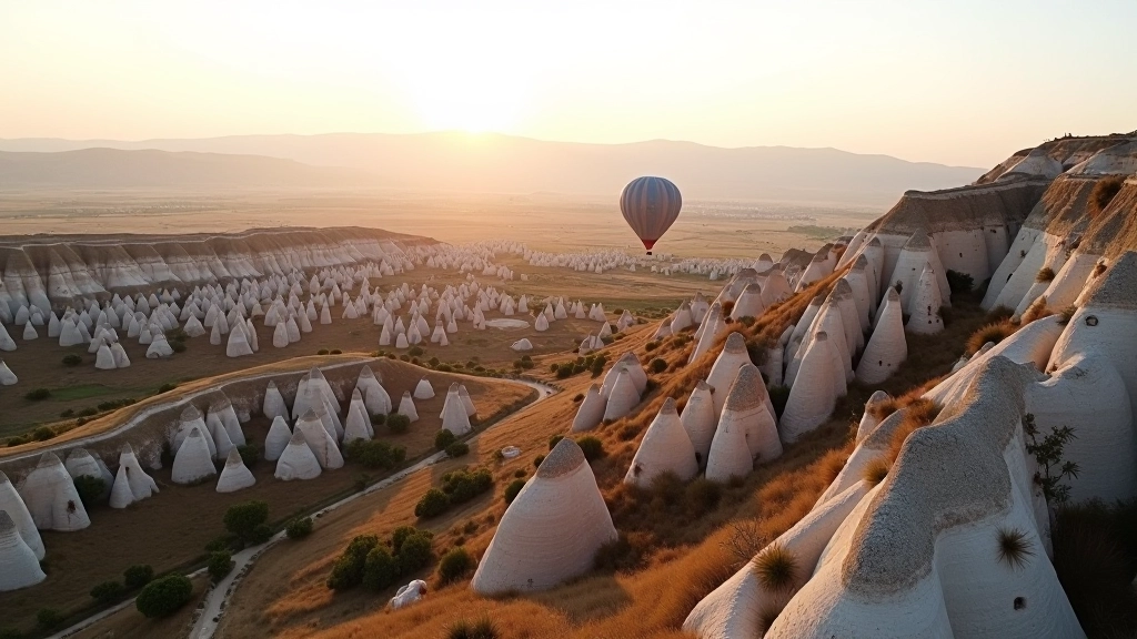 Aerial panoramic view of Cappadocia's unique fairy chimneys and rock formations stretching across valleys