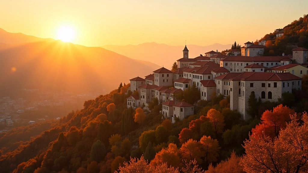 Golden hour sunset over Turkish hillside with autumn colors, warm light on landscape and buildings
