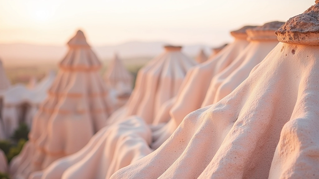 Close-up detail of Cappadocia's distinctive pink and cream-colored rock formations with intricate textures and erosion patterns