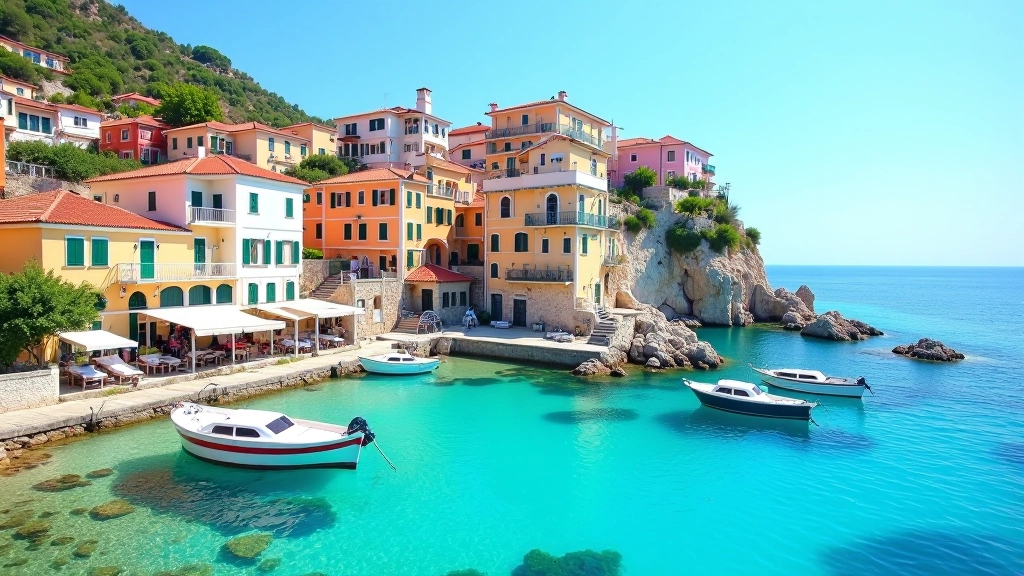 Colorful traditional houses and gardens overlooking the Princes Islands coastline with boats anchored in the harbor