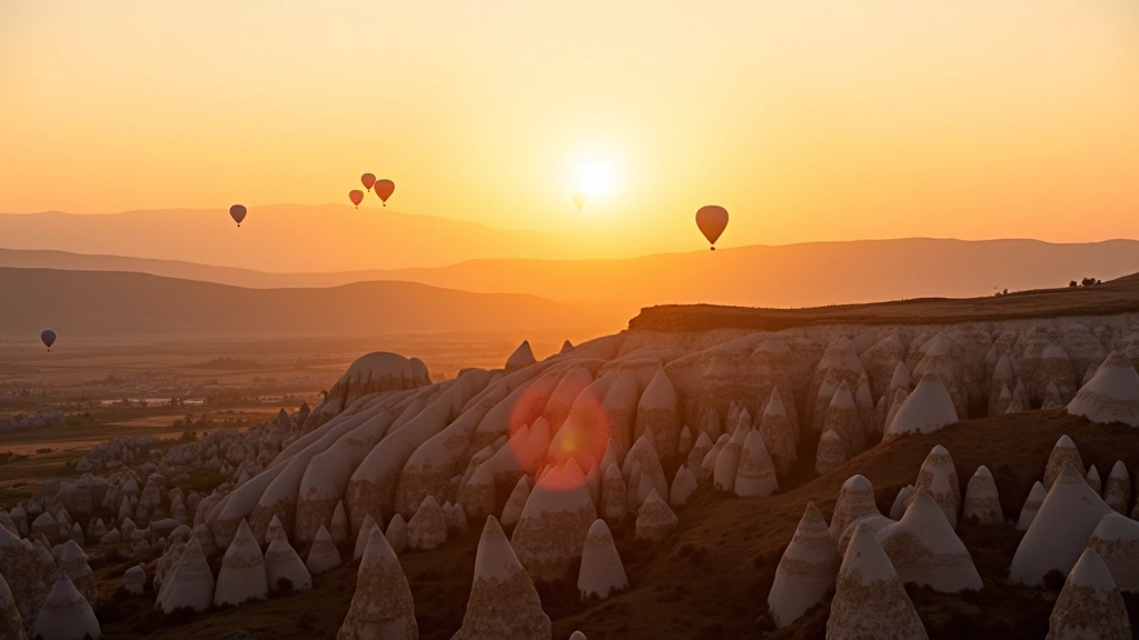 Hot air balloons floating above Cappadocia's unique rock formations at sunrise