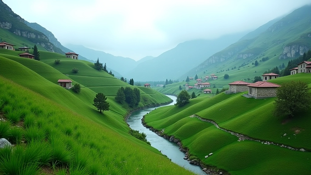 Lush green mountain valley with winding river and traditional houses nestled in Black Sea highlands