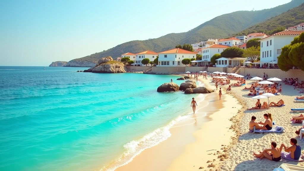Mediterranean coastline at sunset with turquoise water and white sandy beach, summer beach scene