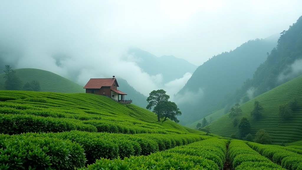 Misty mountain landscape with tea plantations and traditional village houses in Black Sea region