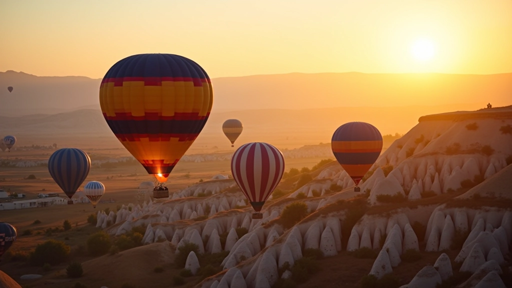 Hot air balloons floating over rocky terrain at sunrise in Cappadocia