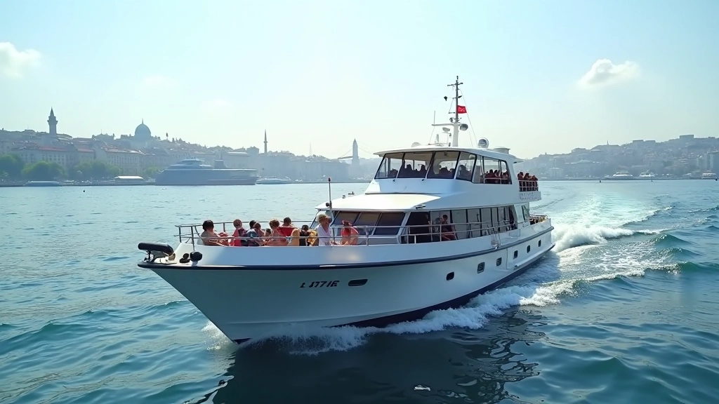 Ferry boat departing from Istanbul terminal with passengers on deck, city skyline in background