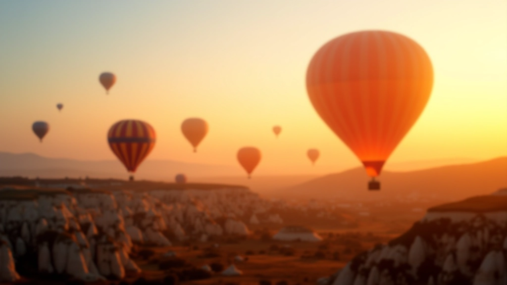 Multiple hot air balloons in flight at different altitudes during golden hour sunrise over Cappadocia landscape