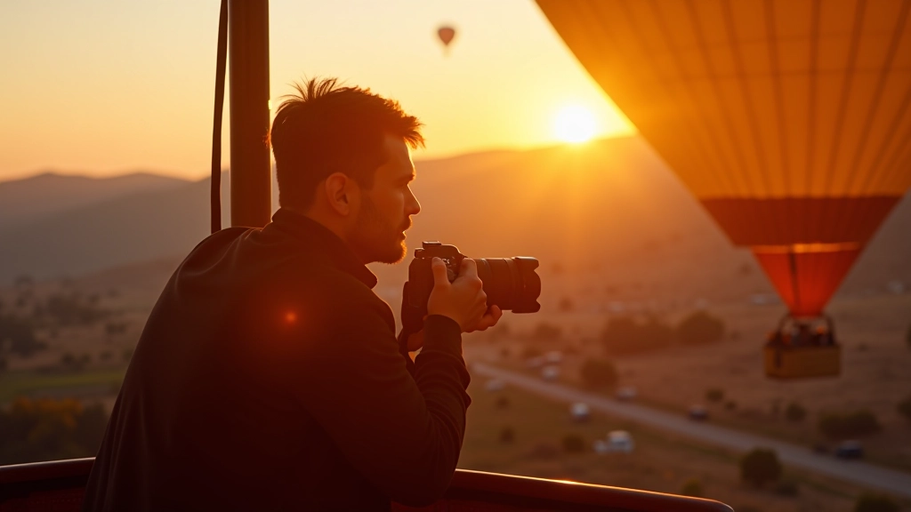 Photographer with professional camera equipment taking pictures from inside hot air balloon basket during sunrise