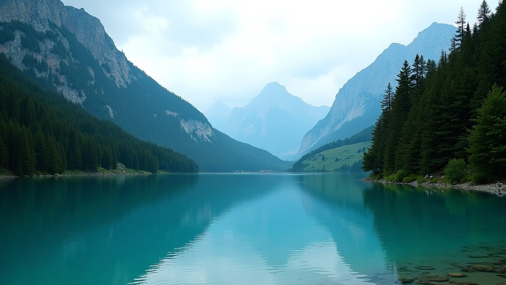Alpine lake surrounded by pine forest and mountain peaks in Uzungöl region
