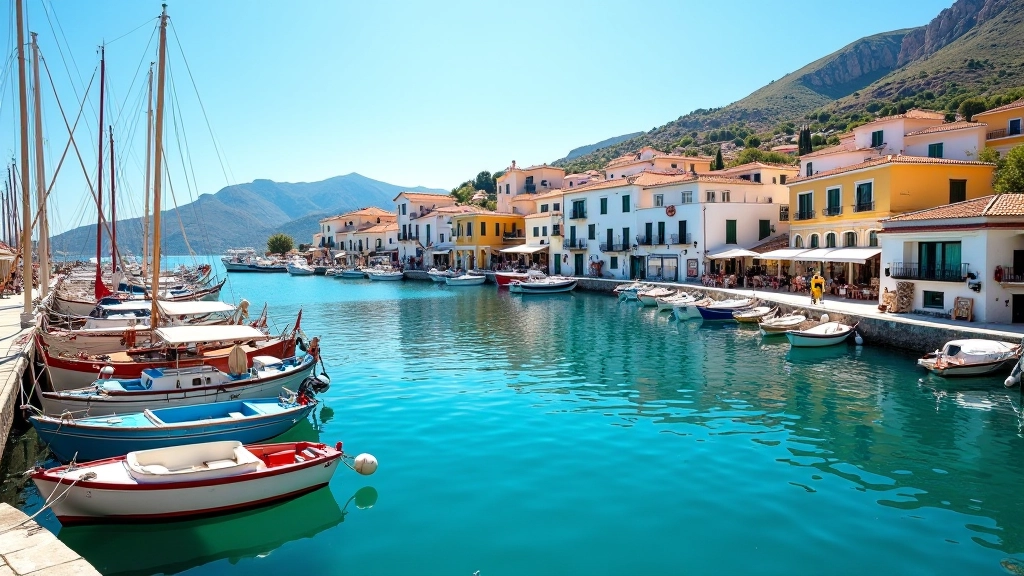 Picturesque harbor scene with traditional boats and island landscape