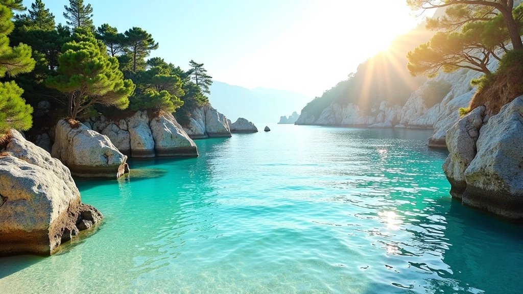 Peaceful beach cove with clear turquoise water, rocks, and pine trees reflecting in the water at golden hour