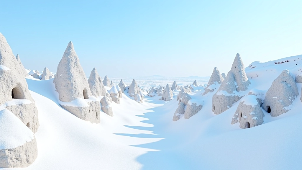 Snow-covered fairy chimneys in Cappadocia winter landscape with white peaks and blue sky
