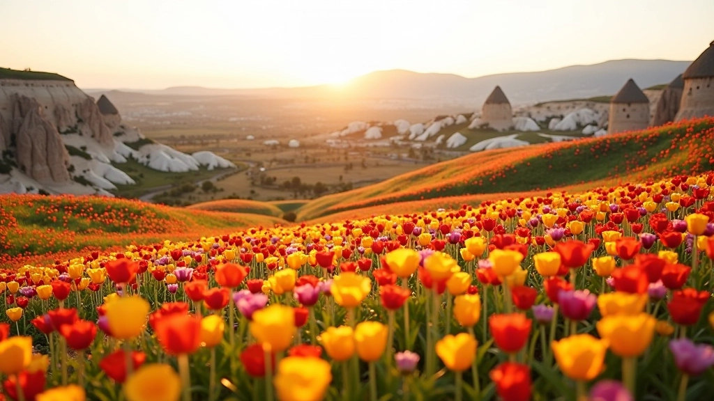 Wildflower field in Cappadocia during spring with colorful blooms and fairy chimneys in background