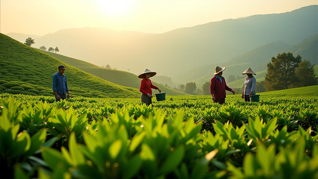 Tea plantation workers harvesting fresh green tea leaves in Rize region