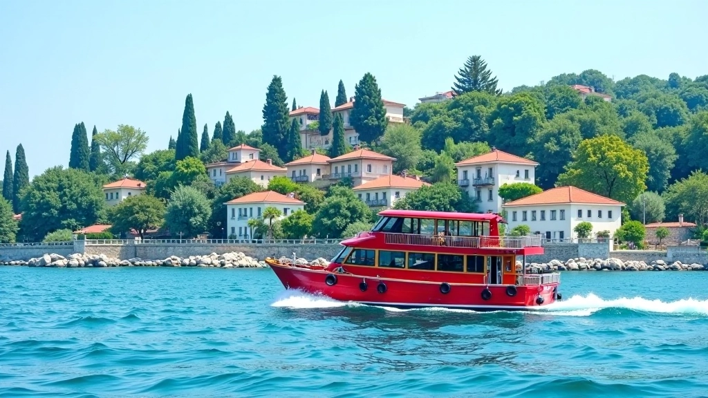 Traditional Turkish ferry boat approaching a green island with waterfront houses