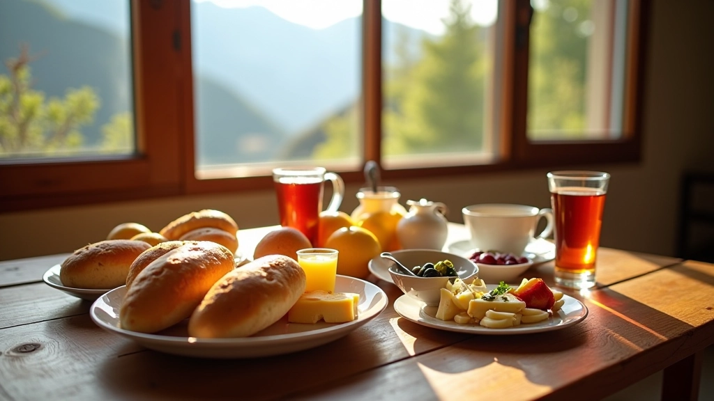 Traditional Turkish breakfast spread with fresh bread, cheese, olives, and tea on wooden table with mountain view
