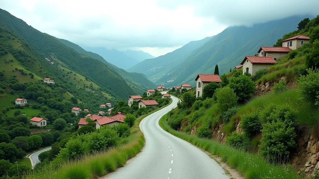 Winding mountain road through green valleys with traditional Turkish village houses