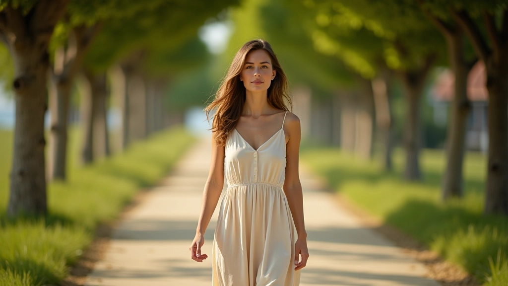 Woman in casual summer clothing walking along a peaceful tree-lined path on an island, no people in background